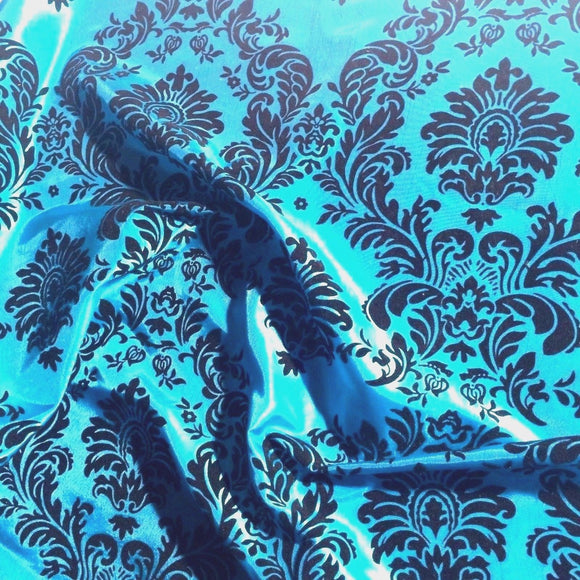 Turquoise Black Flocking Damask Taffeta Velvet Fabric 58