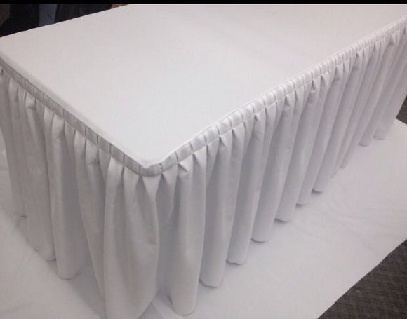 8' Fitted Polyester Double Pleated Table Skirting Cover W/top Topper Shows White