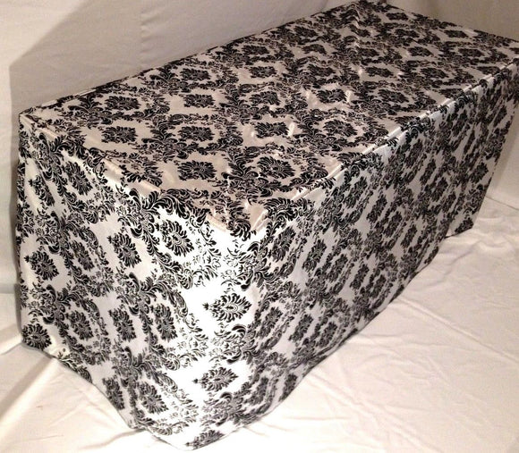 8' Ft. Fitted Black White Damask Flocked Taffeta Tablecloth Table Cover Wedding