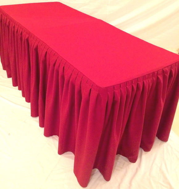 6' Ft. Fitted Polyester Double Pleated Table Skirt Cover W/top Topper Shows Red