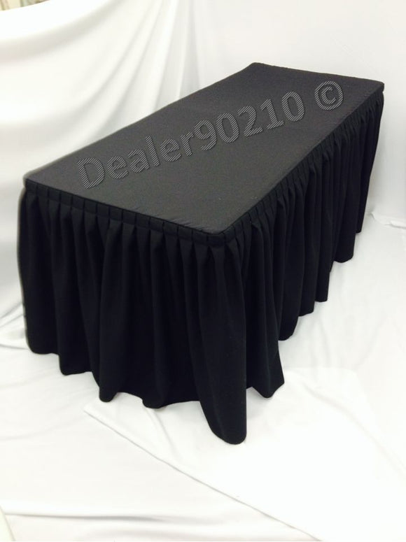 6' Ft. Fitted Polyester Double Pleated Table Skirt Cover W/top Topper Black