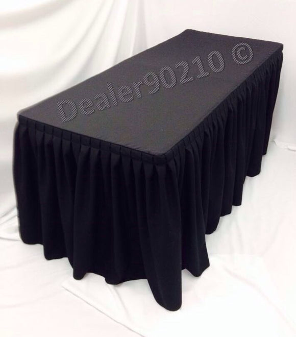 4' Fitted Polyester Double Pleated Table Skirt Cover W/top Topper Shows Black
