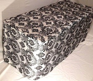 8' Ft. Fitted Black White Damask Flocked Taffeta Tablecloth Table Cover Wedding"