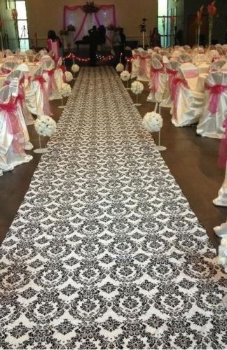100 ft Flocking Damask Taffeta Wedding Aisle Runner Black White Flocked Fabric
